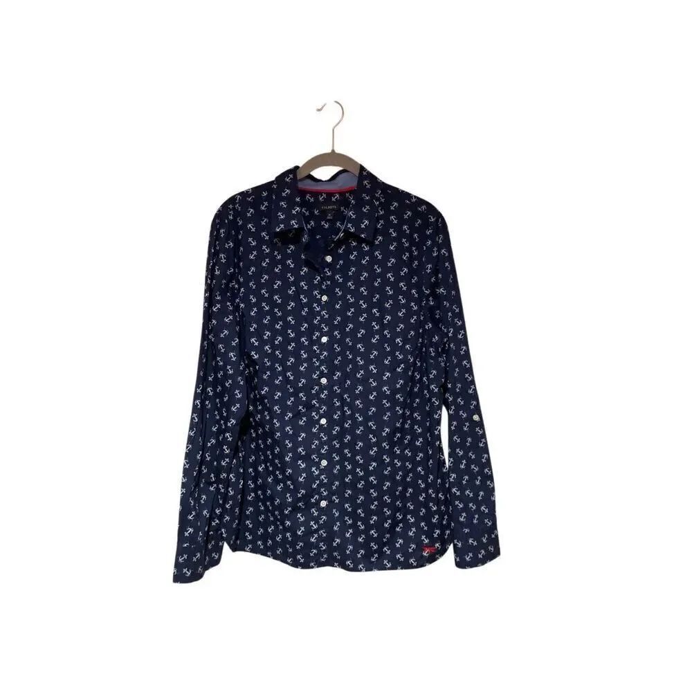 Talbots Woman’s Button Down Long Sleeve Nautical Anchor Blouse size 14 